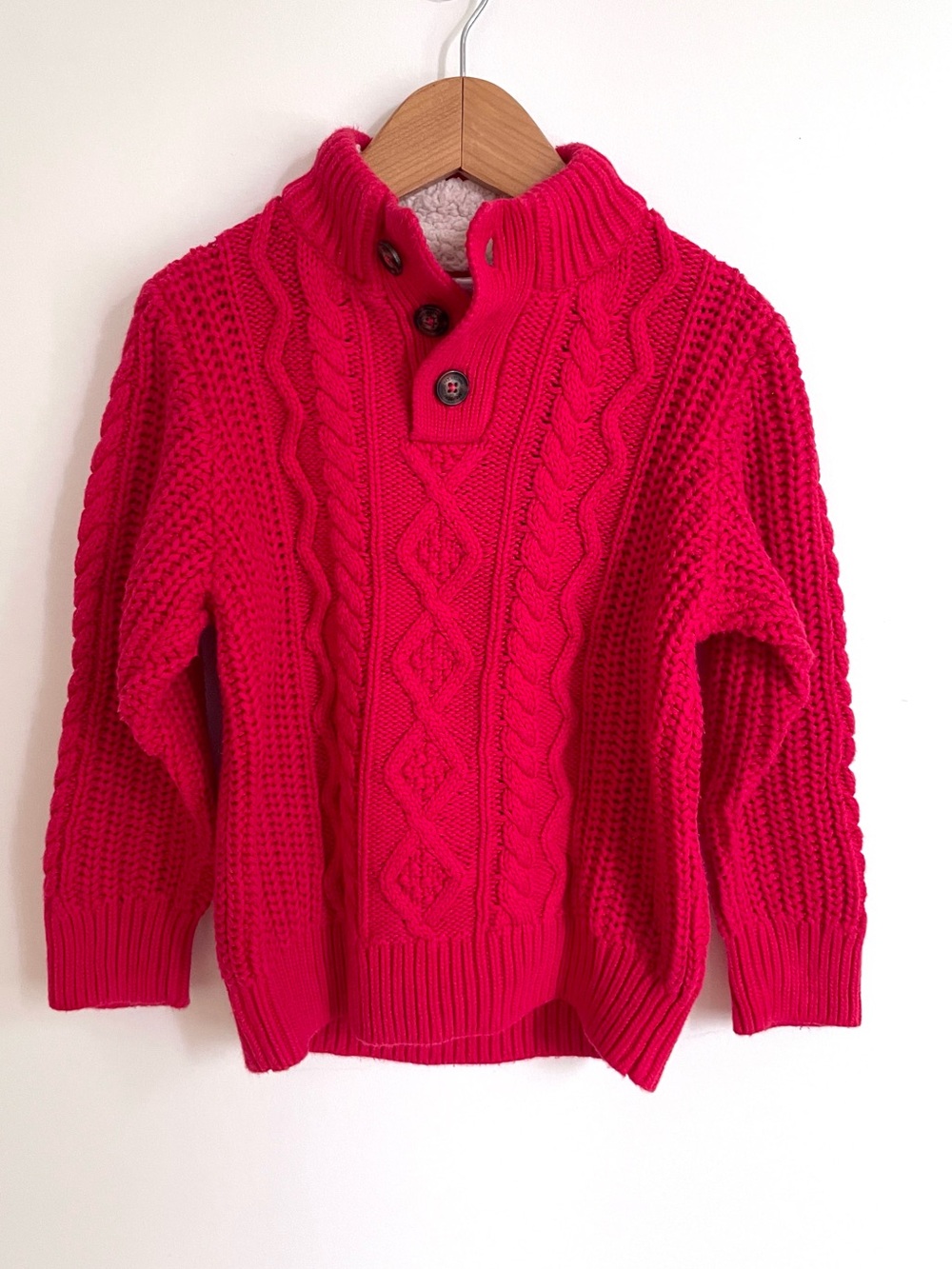 $11 💥Cable Knit Red Christmas Sweater, Henley Mock Neck, Sherpa Collar, Cotton - Picture 2 of 9